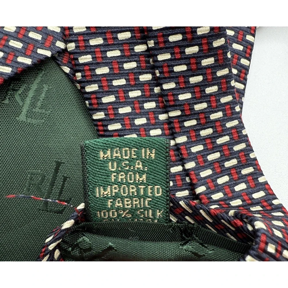 Lauren Ralph Lauren Tie Mens Silk Navy Red‎ Geometric Pattern Hand Finished USA
